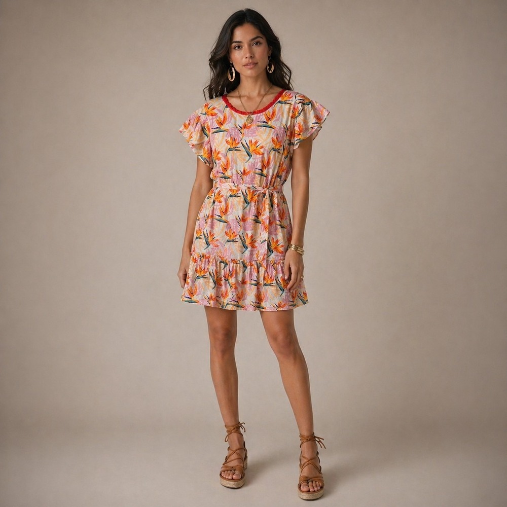 NWT THML Floral Boho Sleeveless Ruffled Flounce Mini Dress Womens Small Tropical
